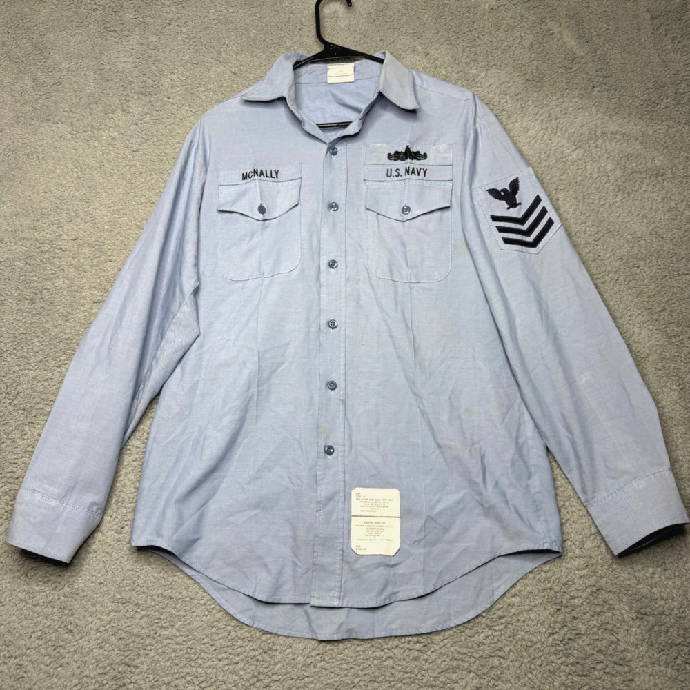 US Navy Shirt Men's Large Military Blue Long Sleeve Button Up